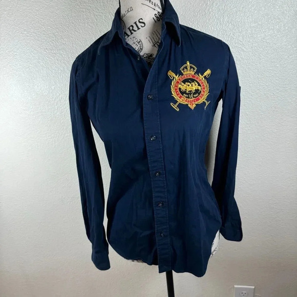 Ralph Lauren Sport Vtg Navy Embroidered Gold Crest Logo Button Up Blouse Size 4 - Picture 1 of 8